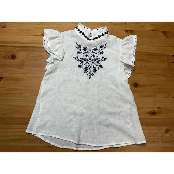 Mine White Floral Embroidery Cottagecore Prairie Boho Peasant Top Sheer Flaws - Picture 1 of 14